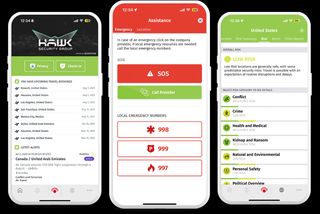HAWK SOS App — emergency alerting, travel intelligence, and check-in screens